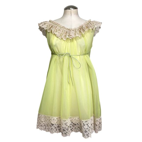 Ro-Vel of California 1960's Lime Baby Doll Sheer Lace Chiffon Nightgown - Picture 1 of 16